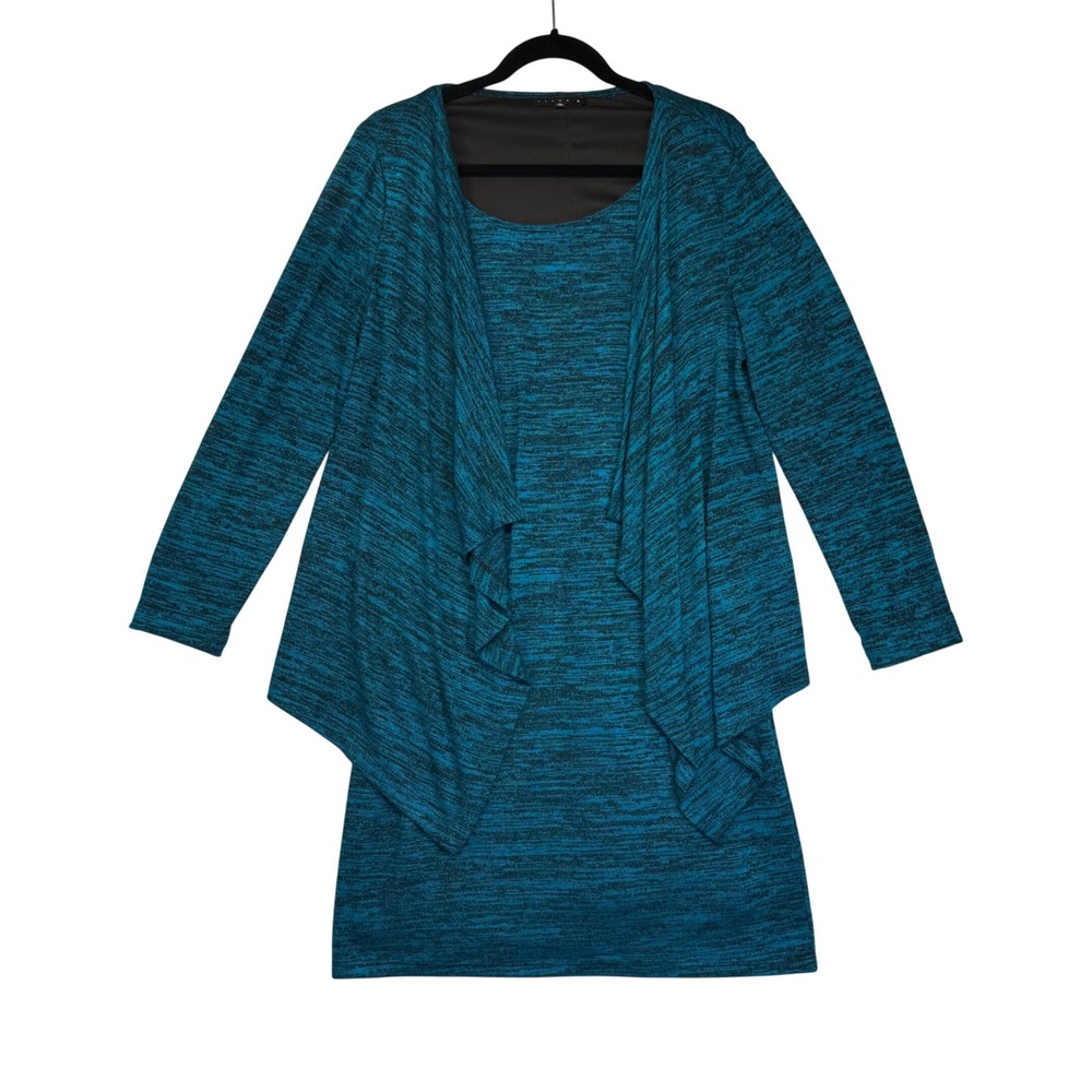 TIANA B. Women's Teal Black Marled Knit Dress Waterfall Cardigan Set Size 10‎